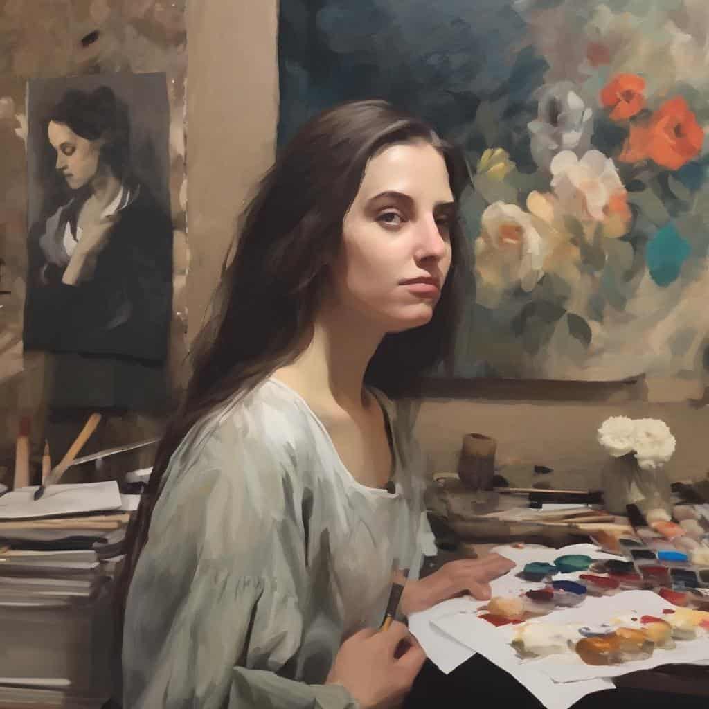Ζωντανή εικόνα μιας καλλιτέχνιδας που δουλεύει με παλέτα χρωμάτων σε στούντιο τέχνης, με έργα τέχνης και καμβάδες στον χώρο, εμπλουτίζοντας τη δημιουργικότητα και την τέχνη της, στυλ ζωγραφικής, τέχνη αντίθεσης και δημιουργίας.
