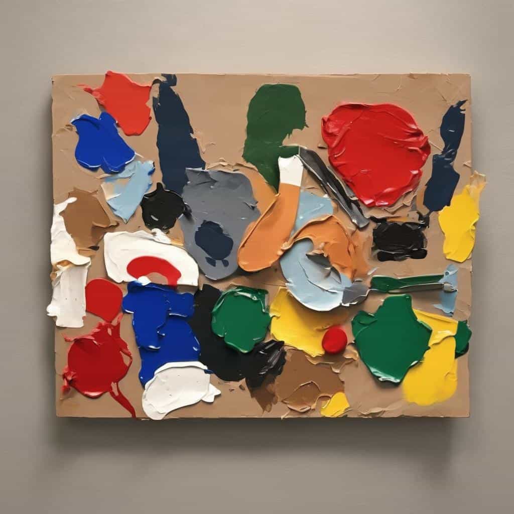 Σχήμα και χρώμα στην τέχνη της αντίθεσης, αφαιρετική πινελιά με παλέτα ζωγραφικής σε καμβά, έκφραση δημιουργικότητας και δυναμικής αντίθεσης στην καλλιτεχνική σύνθεση.