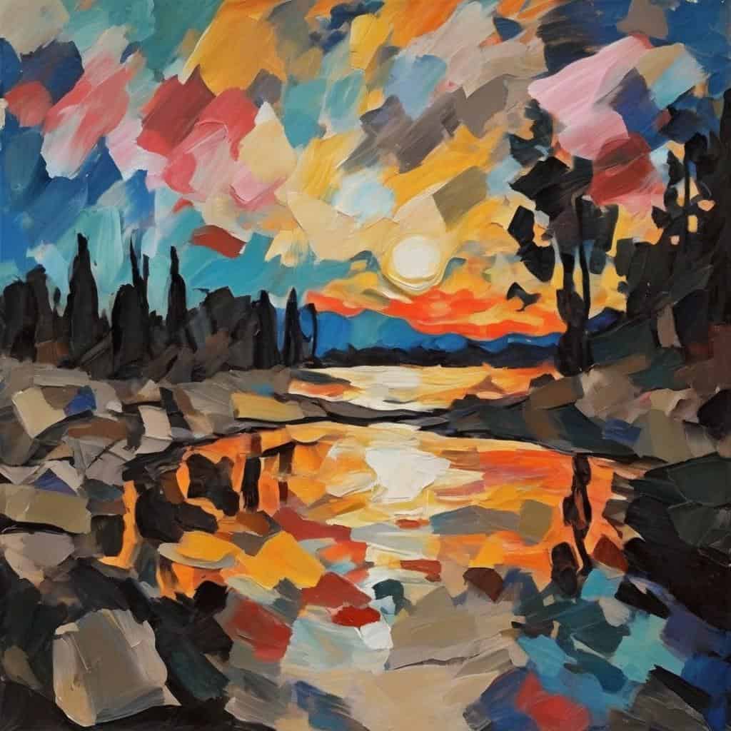 Ζωγραφική τοπίο με αντίθεση χρωμάτων, ηλιοβασίλεμα και λίμνη σε αφηρητικό στυλ, ζωγραφική με πλούσια χρώματα και δυναμικές πινελιές.