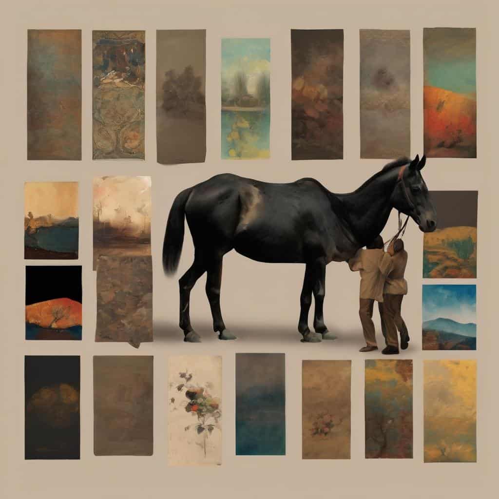 Ζώο άλογο με ανθρώπους και πίνακες ζωγραφικής αντίθεσης, τέχνη της αντίθεσης, σύγχρονη τέχνη, καλλιτεχνική έκθεση, χρώματα και σύνθεση, μοντέρνα τέχνη και δημιουργικότητα.