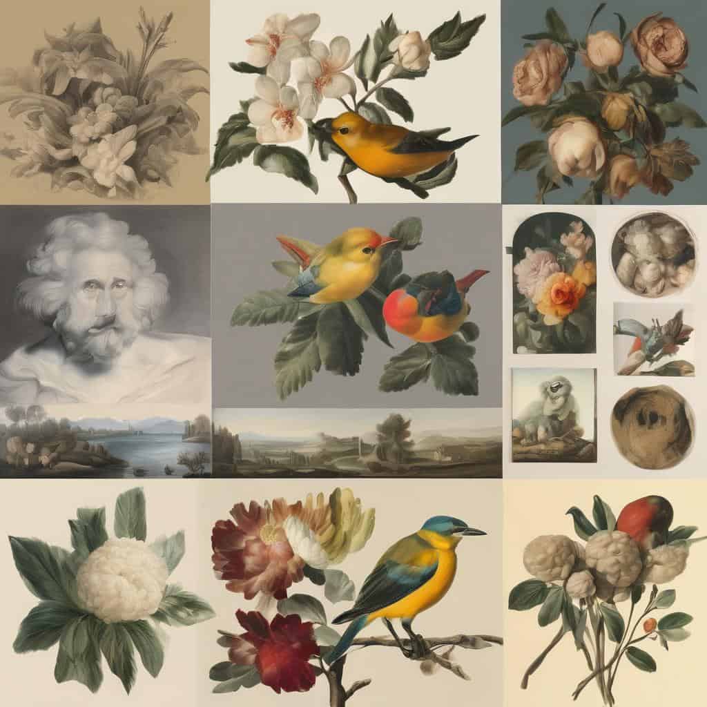 Λεπτομερής απεικόνιση σύγχρονων έργων τέχνης με αντίθεση χρωμάτων και θεμάτων, συνθέτοντας ένα αρμονικό και δυναμικό οπτικό αποτέλεσμα.