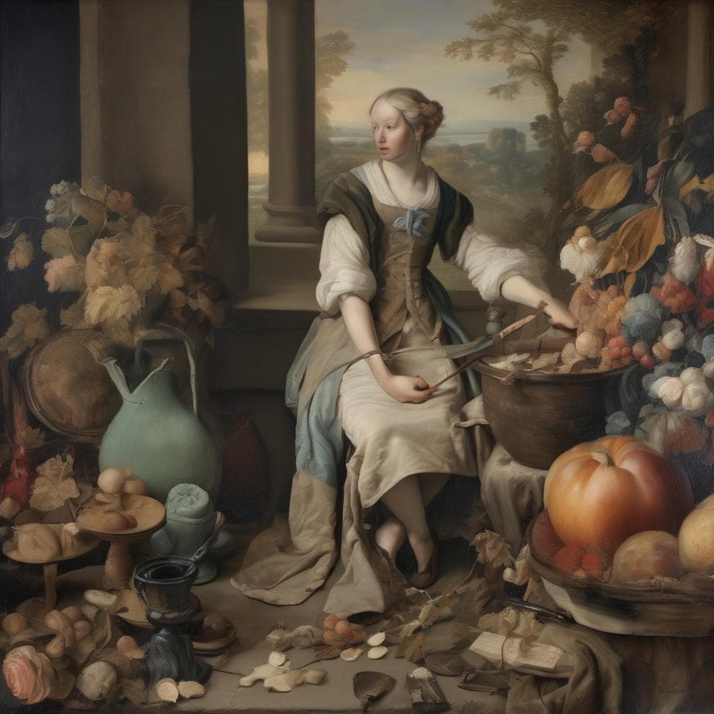 Αντίθεση, φωτεινά και σκοτεινά στοιχεία, σε μια ζωγραφική σύνθεση με μια γυναίκα που εργάζεται με φρούτα και λουλούδια, αναδεικνύοντας την τεχνική και το θέμα της αντίθεσης.