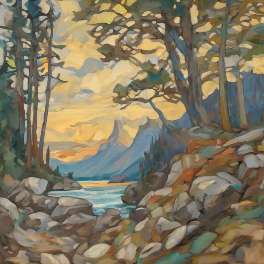 Αντίθεση στην τέχνη, τοπίο με βουνά και ποταμό, λαμπερός ουρανός και μεταβαλλόμενη φύση, αρμονία σκιών και φωτός, δημιουργία εντυπώσεων, μοναδική τέχνη της αντίθεσης, φυσική ομορφιά και δυναμική σύνθεση εικόνας.