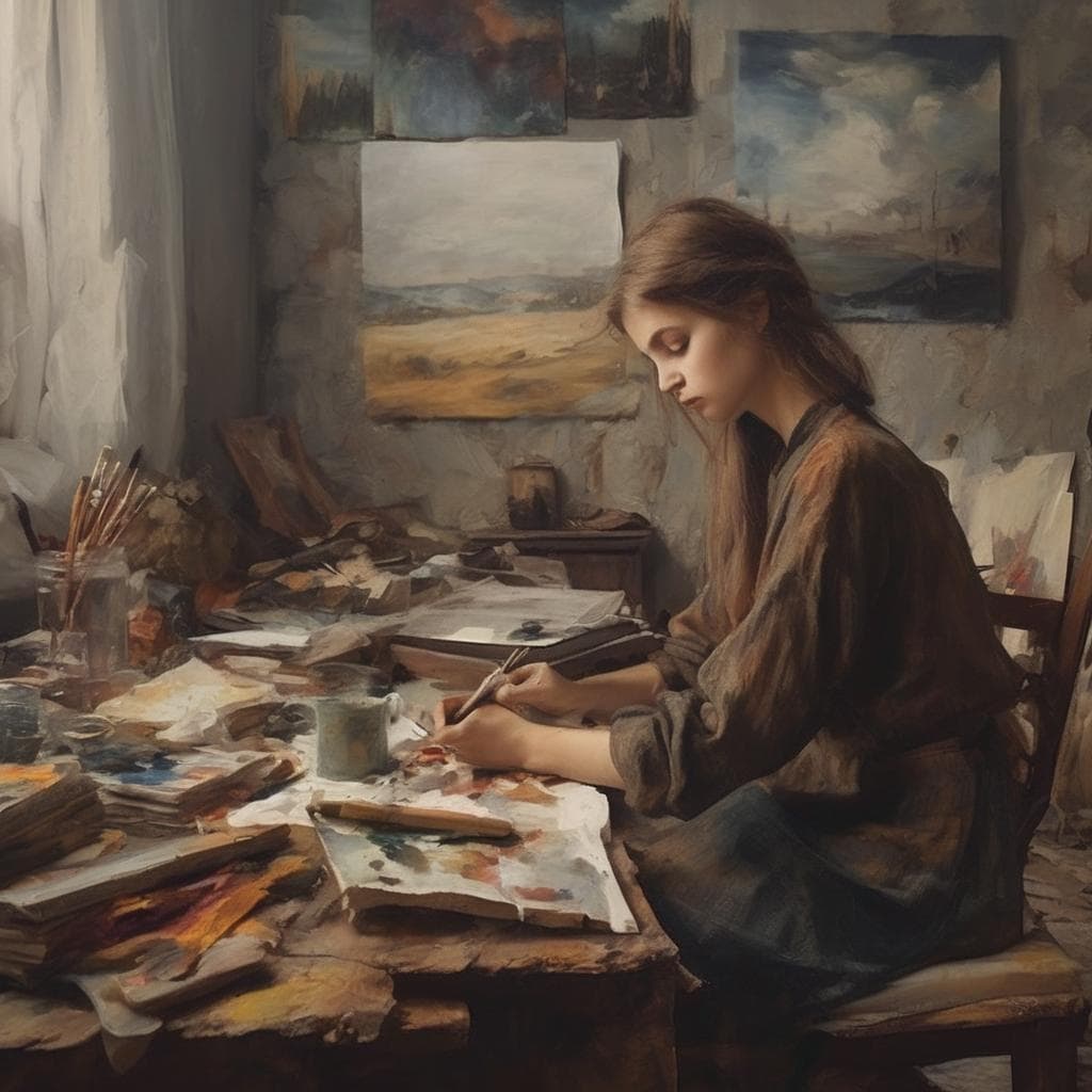 Νεαρή γυναίκα ζωγράφος σε στούντιο, δημιουργία τέχνης με αντίθεση χρωμάτων και υφών, το πάθος για την τέχνη, και η τέχνη της αντίθεσης σε κάθε πινελιά και έργο τέχνης.
