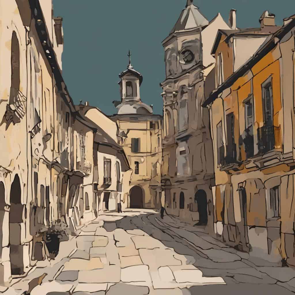 Λειτουργία της αντίθεσης στην τέχνη της αρχιτεκτονικής, απεικονίζοντας μια γοητευτική παλιά πόλη με ιστορικά κτήρια και καμπάνες, σε μοναδικό στυλ και χρώματα.