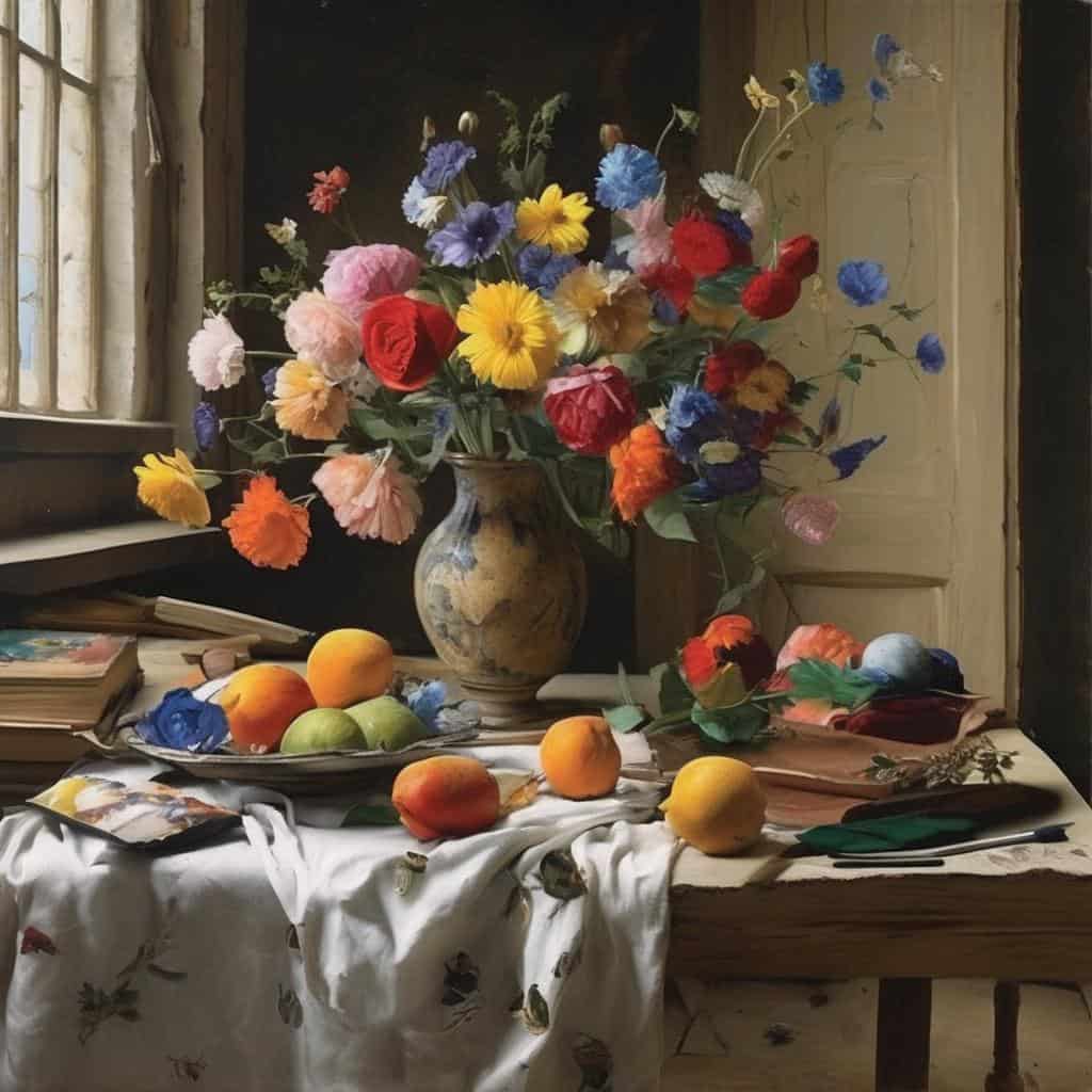 Αντίθεση χρωμάτων και υφών σε μια ζωγραφική σύνθεση με λουλούδια και φρούτα.