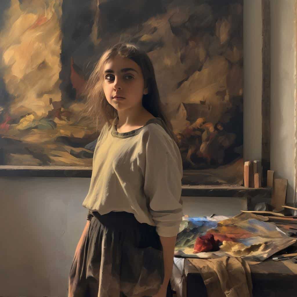 Ομορφη νεαρή κοπέλα στον καμβά, μέσα σε καλλιτεχνικό στούντιο με πίνακες και χρώματα, αναδεικνύοντας την τέχνη της αντίθεσης και δημιουργικότητας.